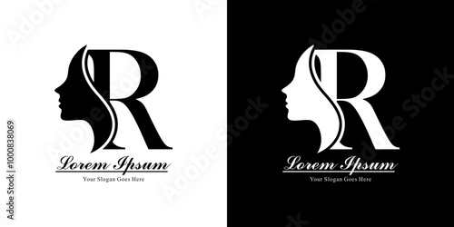 Logo design in the form of a silhouette of a woman's face combined with the letter R