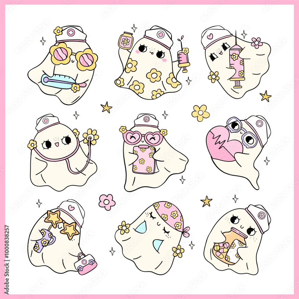 Cute Ghost Halloween Nurse Cartoon Pastel Spooky Doodle idea for T Shirt Sublimation Design