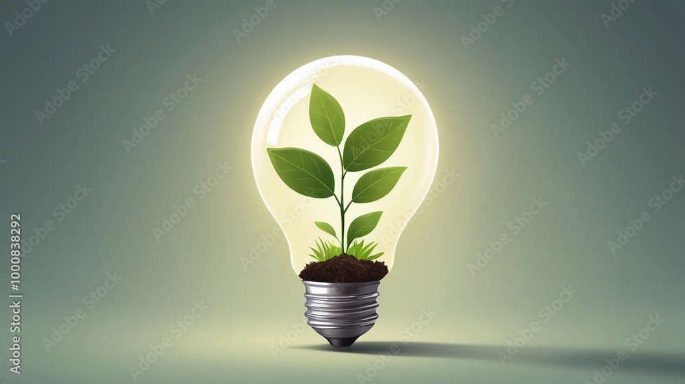 Light Bulb Growth Concept with Green Leaves Light Bulb Growth Concept with Green Leaves