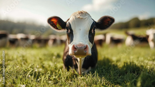 Dairy cows in a stable lineup feeding on fresh fodder, highlighting organized farm management and efficient livestock care photo