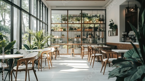 Relaxing cafe space with white tones, green plants, and brown wooden details. Glass walls and ceiling allow sunlight to brighten the interior.