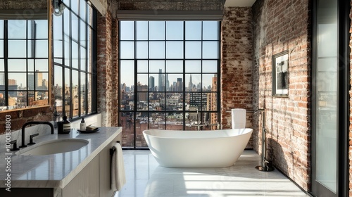 A sleek New York loft bathroom, featuring exposed brick walls, industrial fixtures, and large windows framing views of the city