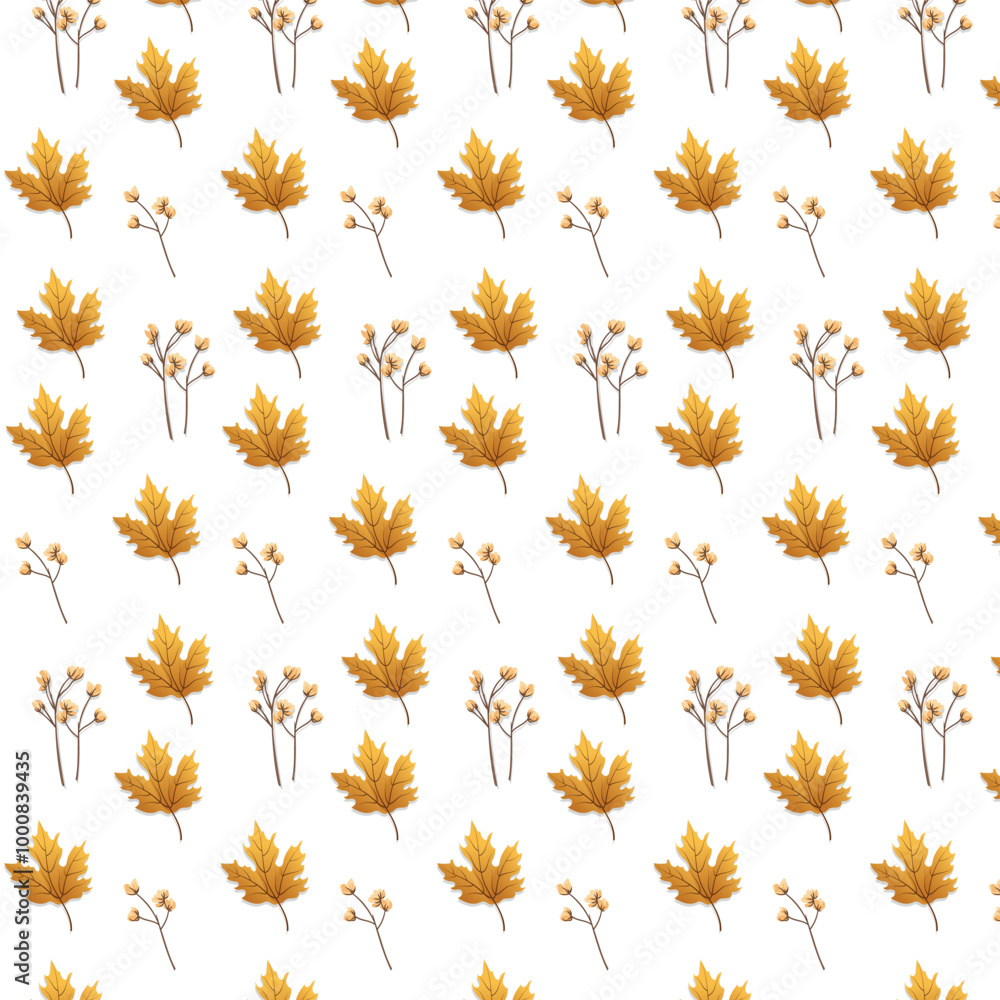  Seamless pattern with autumn maple leaves and branches of brown flowers. Perfect for wallpaper, gift paper, pattern fills, web page background. Vector.