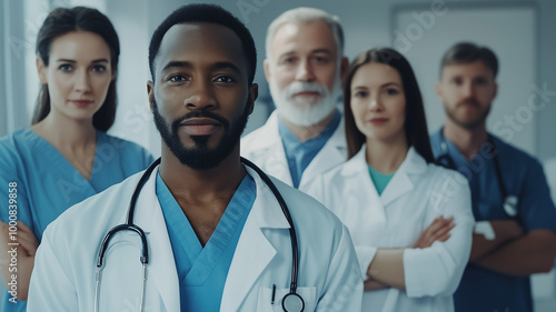 Diverse healthcare workers standing confidently in hospital 