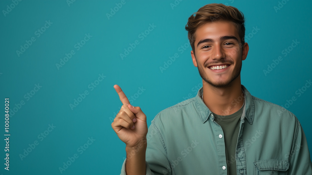 Minimalistic photo of a smiling young man in a casual shirt, pointing with his index finger to empty space on the side, ideal for text or graphics.
Minimalistic photo of a smiling young man in a casual shirt, pointing with his index finger to empty space on the side, ideal for text or graphics.