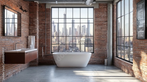 A sleek urban loft bathroom  with exposed brick walls  industrial fixtures  and large windows framing views of the skyline