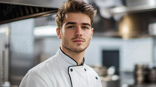 Young male chef in white jacket in modern kitchen 