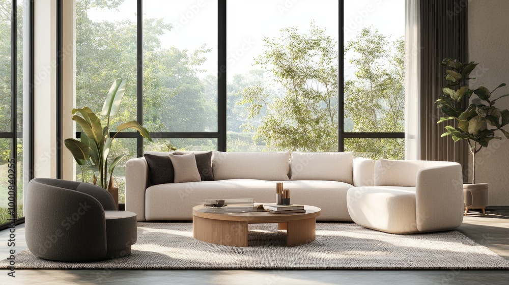 Contemporary living room featuring sleek furniture, a neutral palette, and large windows, creating a bright, elegant, and stylish environment. Contemporary living room featuring sleek furniture, a neutral palette, and large windows, creating a bright, elegant, and stylish environment.