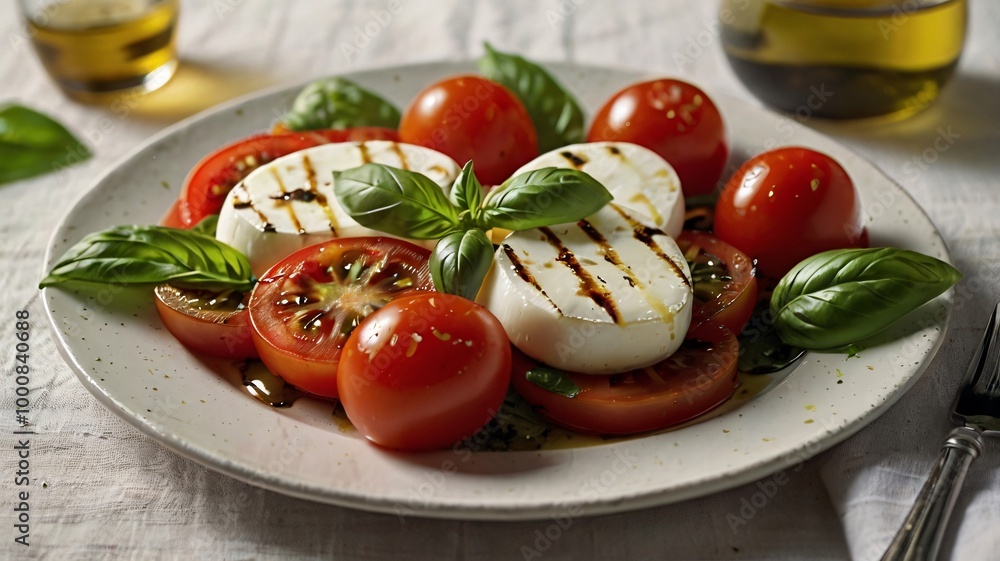 A vibrant plate of caprese salad with fresh mozzarella, ripe tomatoes, basil leaves A vibrant plate of caprese salad with fresh mozzarella, ripe tomatoes, basil leaves