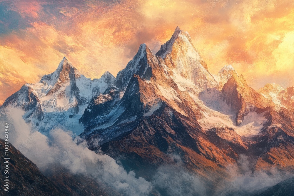 Majestic snow-capped mountain peaks at sunrise with clouds. Majestic snow-capped mountain peaks at sunrise with clouds.
