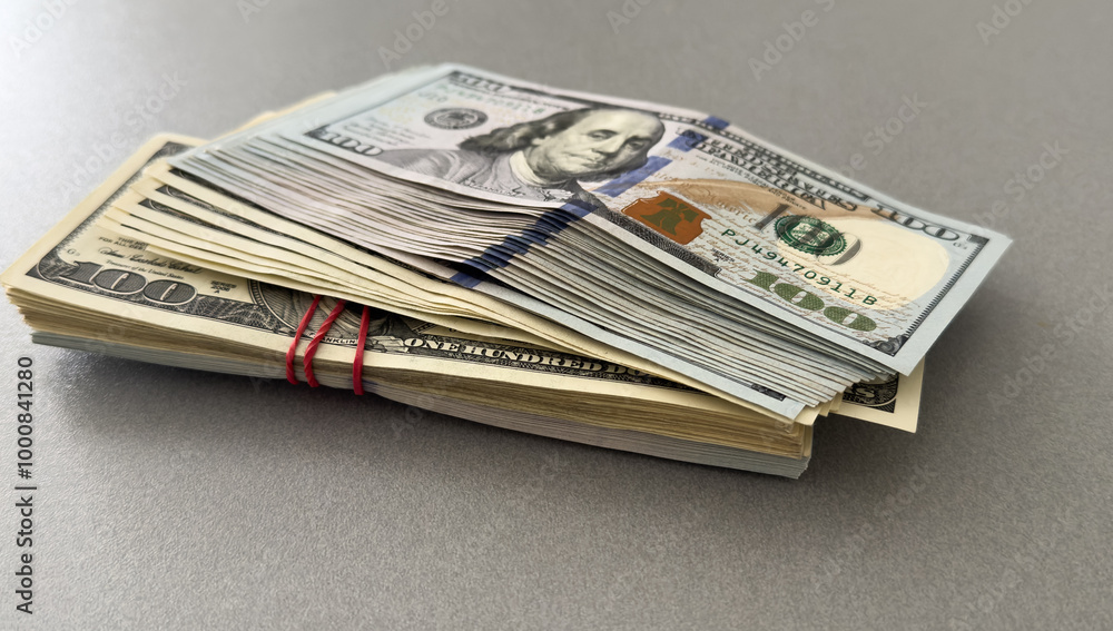 A stack of one hundred dollar bills on a background of dollars A stack of one hundred dollar bills on a background of dollars