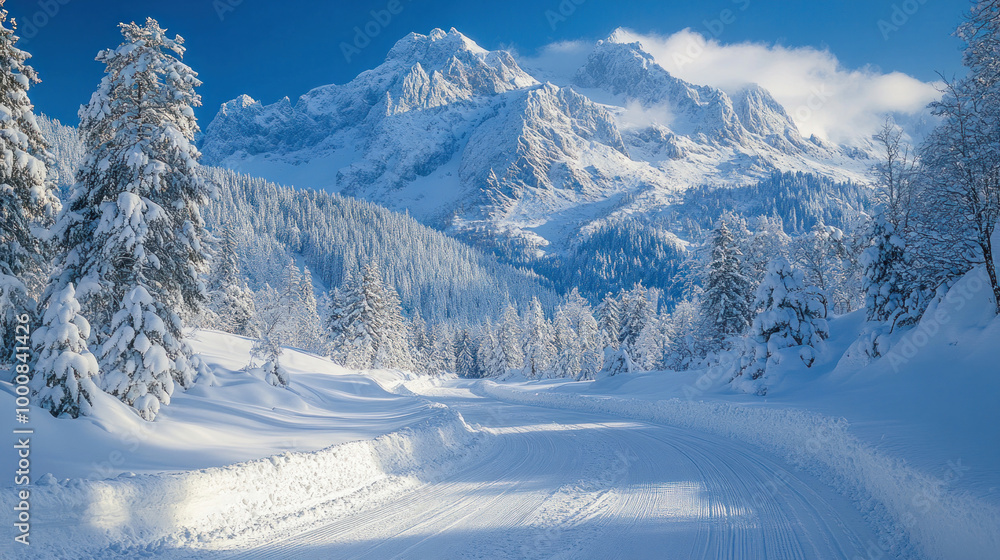 A snowy mountain landscape with a road cutting through the frozen terrain, surrounded by snow-covered trees and icy peaks under a bright, clear sky A snowy mountain landscape with a road cutting through the frozen terrain, surrounded by snow-covered trees and icy peaks under a bright, clear sky