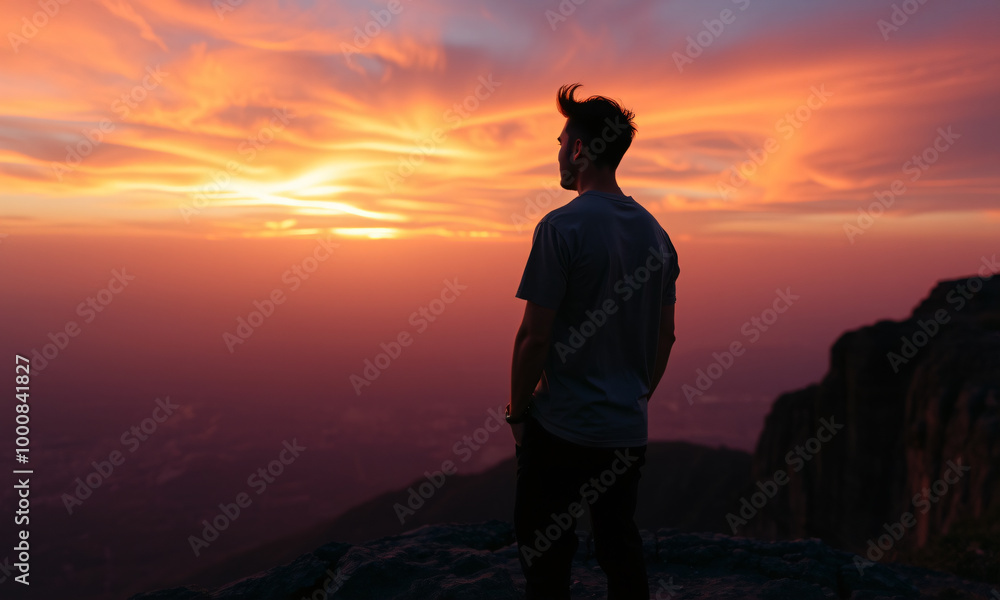 Obraz premium A contemplative man standing on a rocky cliff overlooking a vast landscape the sense of wonder and exploration