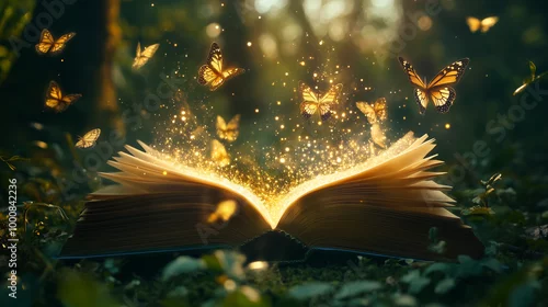 Fototapeta Księga pełna tajemnic i zaklęć leży otwarta na miękkiej trawie w bajkowym lesie. Z jej stron wydobywają się iskrzące się światła, a w powietrzu unoszą się motyle