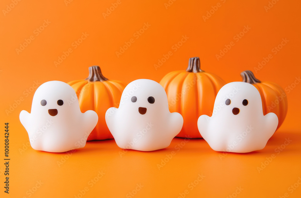 Three cute white ghosts with smiling faces sitting next to pumpkins on an orange background, a Halloween concept. Three cute white ghosts with smiling faces sitting next to pumpkins on an orange background, a Halloween concept.