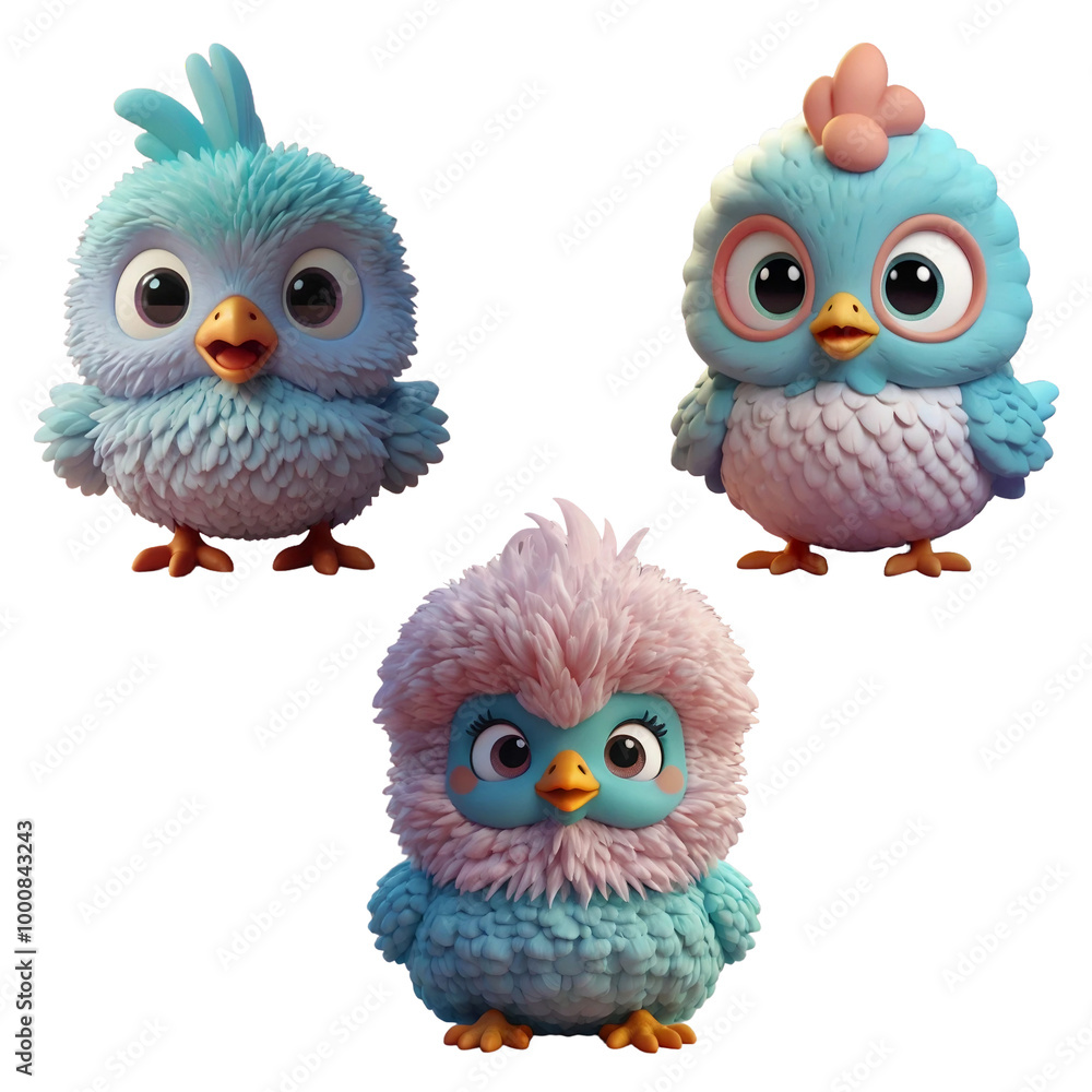 Fluffy funny blue chickens in cartoon 3D style isolated on PNG background. Generative AI. Fluffy funny blue chickens in cartoon 3D style isolated on PNG background. Generative AI.