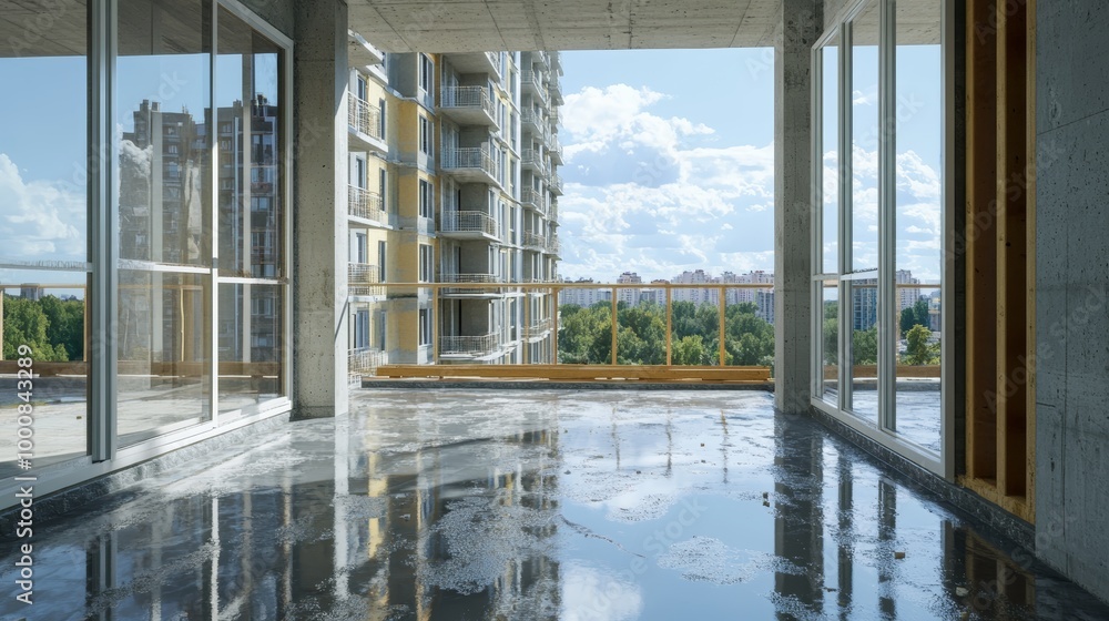 Fototapeta premium Wet Concrete Floor Being Waterproofed in Outdoor Building Site with Scaffolding in Background