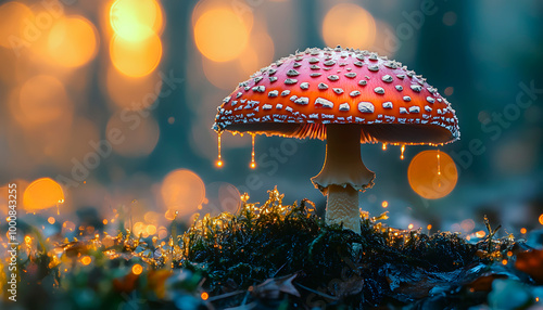 Close-Up of Red-Capped Mushroom in Autumn Rain