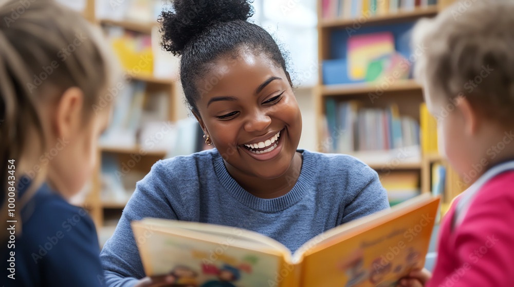 A teacher reads to a group of students in a library. A teacher reads to a group of students in a library.