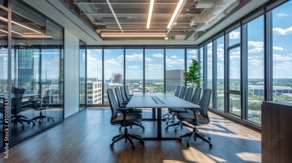 Modern office setup featuring a glass meeting space, coworking desks, and panoramic windows showcasing an urban environment. Modern office setup featuring a glass meeting space, coworking desks, and panoramic windows showcasing an urban environment.