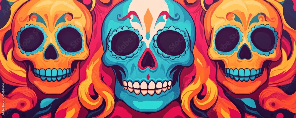 Abstract depiction of spirits rising from a colorful Day of the Dead altar, their forms merging with the bright patterns of sugar skulls Abstract depiction of spirits rising from a colorful Day of the Dead altar, their forms merging with the bright patterns of sugar skulls