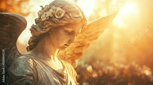 Golden Angel Statue in Sunlight with Dramatic Light Warm Reflections