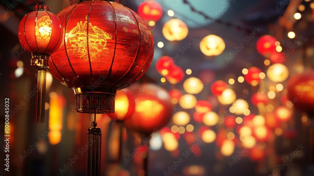 Chinese Lunar New Year Celebration with Red Lanterns in Night Street Chinese Lunar New Year Celebration with Red Lanterns in Night Street