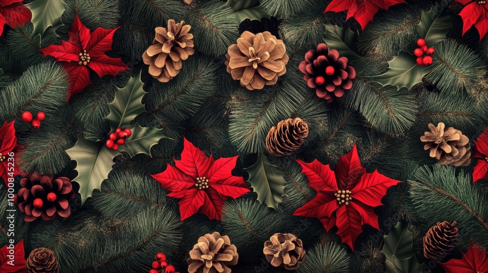 Seamless Christmas Pattern with Poinsettia Pine Cones Seamless Christmas Pattern with Poinsettia Pine Cones