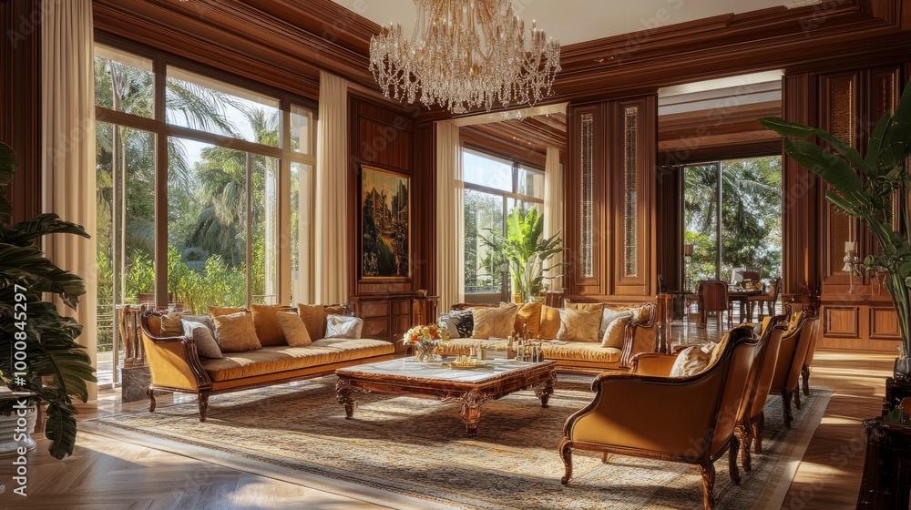 Obraz premium Spacious luxury living room featuring wooden armchairs, a marble coffee table, and a magnificent crystal chandelier, exuding sophistication.