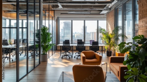 Stylish office interior with a glass meeting room, shared coworking area, and panoramic window view of the city.