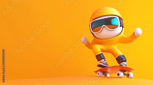 A 3D cartoon character in a yellow jacket and ski goggles is skateboarding.