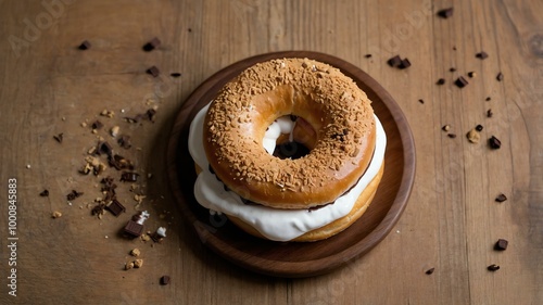 appetizing smores donut on wooden plate flat lay aesthetic setup for ads