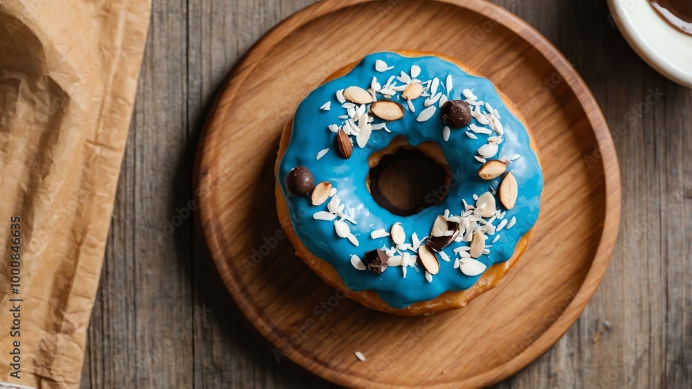 appetizing almond joy donut on wooden plate flat lay aesthetic setup for ads appetizing almond joy donut on wooden plate flat lay aesthetic setup for ads