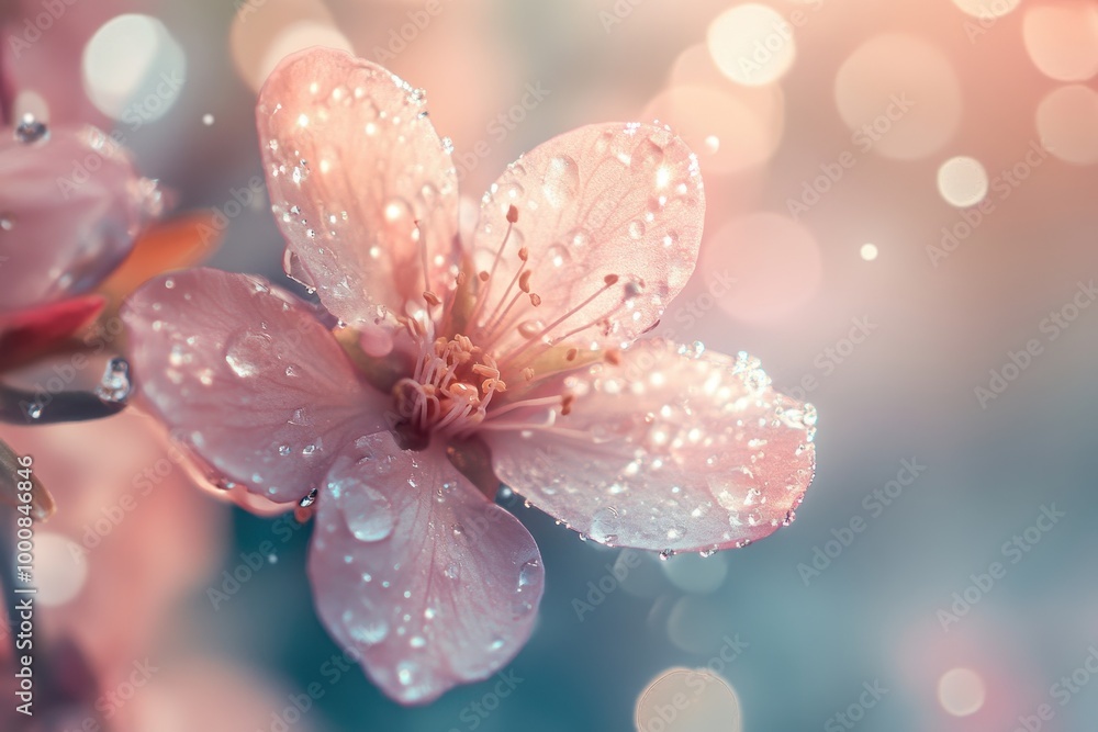 Close-up of a delicate pink flower with dew drops on its petals. The flower is in focus, while the background is blurred with bokeh. Close-up of a delicate pink flower with dew drops on its petals. The flower is in focus, while the background is blurred with bokeh.