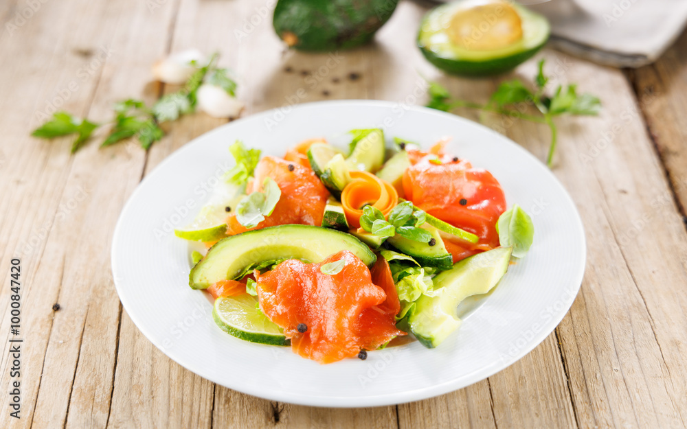 Plate of smoked salmon, avocado, and lettuce. Ideal for healthy eating and gourmet meal presentations Plate of smoked salmon, avocado, and lettuce. Ideal for healthy eating and gourmet meal presentations