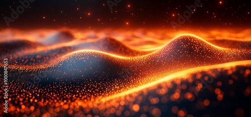 Abstract glowing orange and red particle wave background.