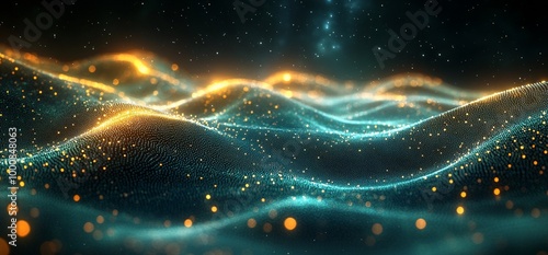 Abstract glowing particles forming wavy lines in blue and yellow hues.