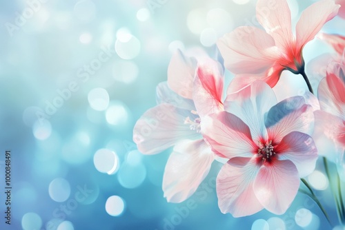 Soft pink flowers on a blue background with bokeh lights.