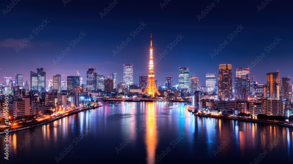 Fototapeta premium Abstract Tokyo skyline at night with neon lights and bold geometric shapes representing modern architecture