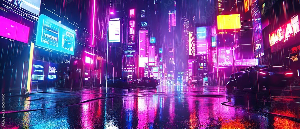 Neon signs and rain illuminate a futuristic city street. Neon signs and rain illuminate a futuristic city street.