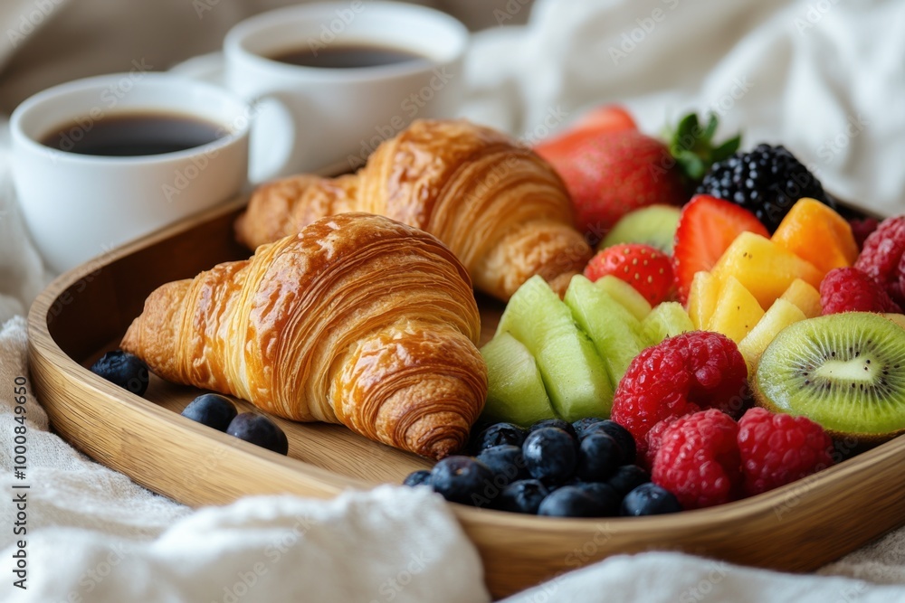 Elegant breakfast tray featuring fresh croissants and assorted fruits and coffee Elegant breakfast tray featuring fresh croissants and assorted fruits and coffee