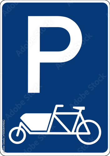 blue sign with letter P and a cargo bike symbol. Sign for a parking space reserved for cargo bikes