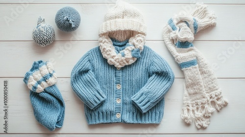 Top view of a collection of baby winter clothes: knitted cardigan, scarf, and mittens arranged on a light wooden background. No people, no logo.