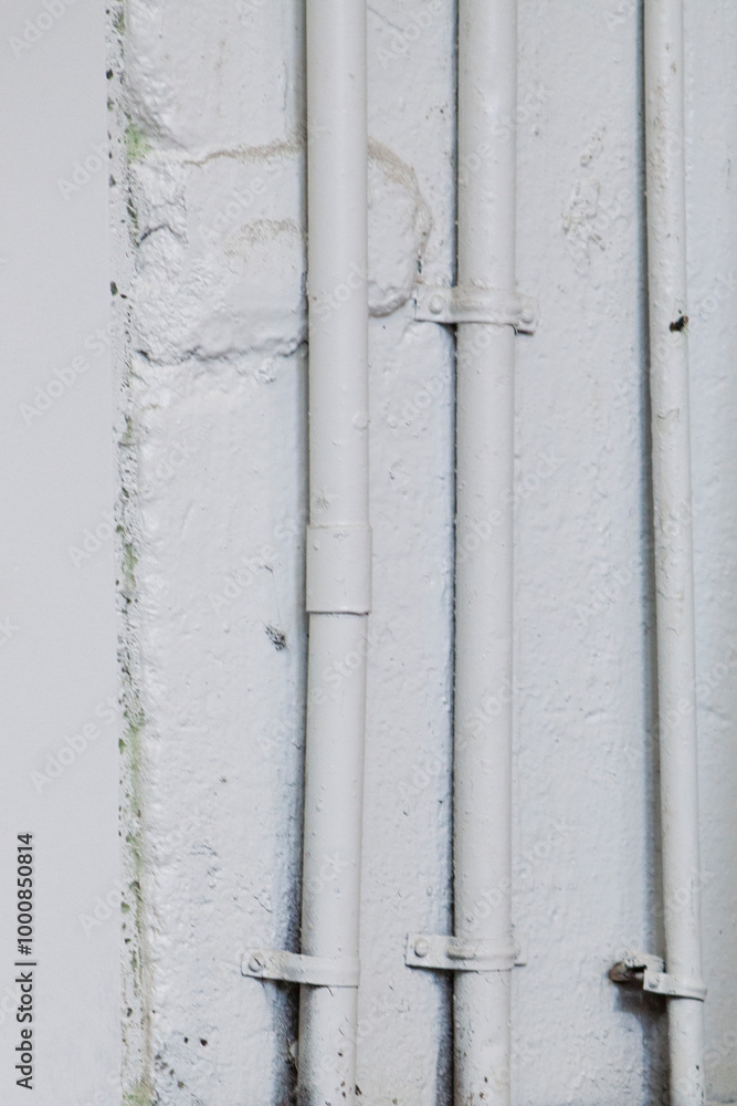 Metal steel pipes on a white rustic wall Metal steel pipes on a white rustic wall