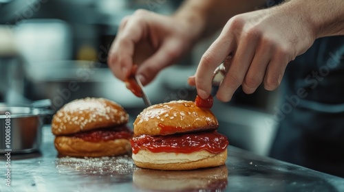 The chef covers hamburger buns with ketchup. photo