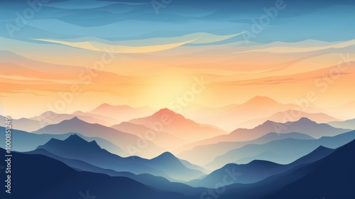 A digital illustration of a sunrise over layered mountains