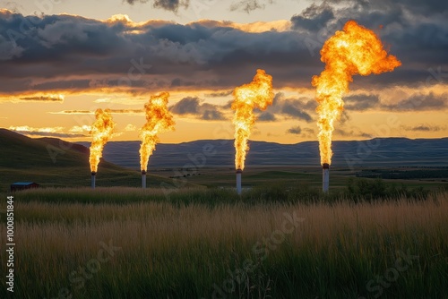 Multiple natural gas flares burning against sunset sky. Environmental impact of fossil fuel industry on rural landscapes and air quality photo