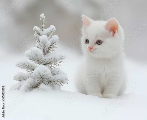 Bright High-Quality Photograph of a White Kitten Next to a Small Christmas Tree in the Snow