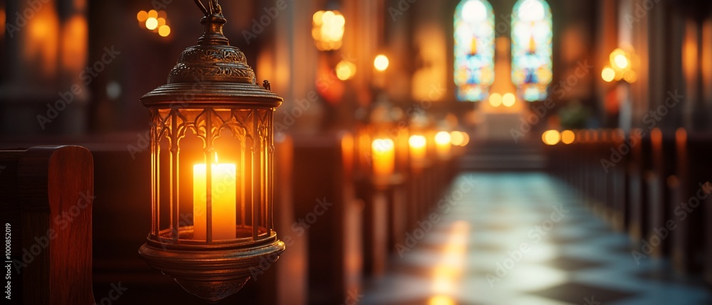 Candlelit aisle in a church with stained glass windows. Candlelit aisle in a church with stained glass windows.