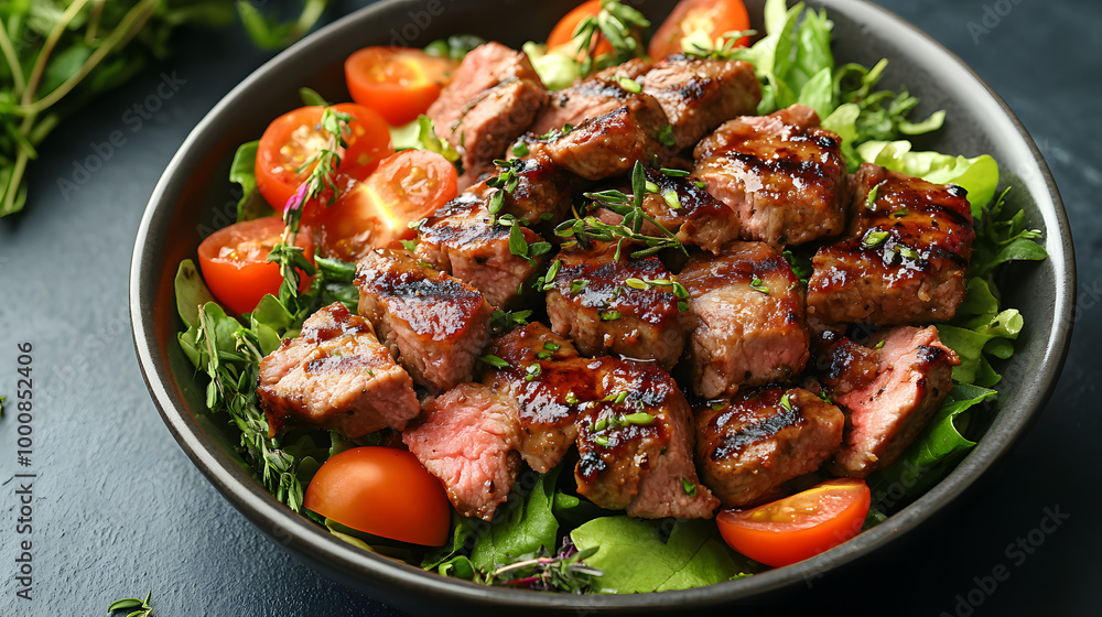 White Bowl of Salad with Dark Brown Meat on Top, Including Fresh Vegetables
White Bowl of Salad with Dark Brown Meat on Top, Including Fresh Vegetables